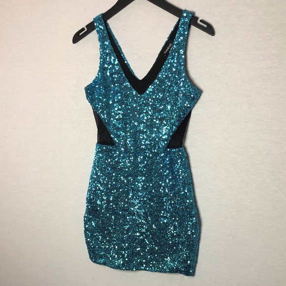 BEBE Turquoise Blue Sequin Dress with Mesh Side Detailing - Picture 5 of 7